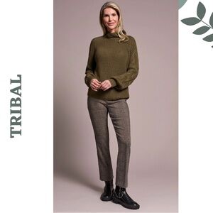 Tribal Olive Cable Knit Turtleneck Sweater Cotton Medium